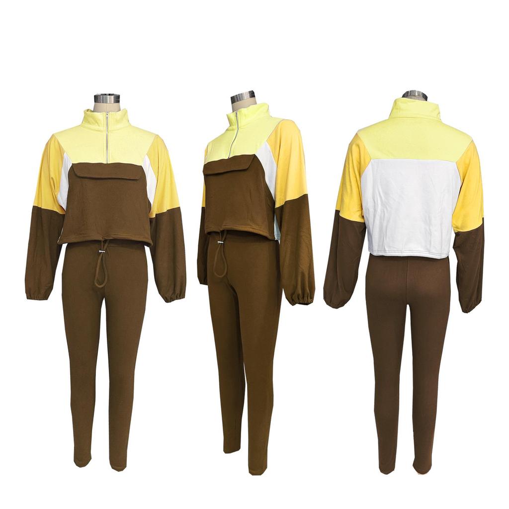 Autumn Color Block Hoodie & Skinny Pants Two-Piece Set