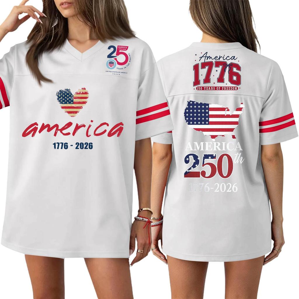 Damska Codzienna Modna Koszulka Sportowa z Dekoltem V z Nadrukiem na Dzień Niepodległości Krótkim Rękawem Top