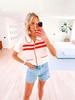 Women's Striped Crochet Knit Cardigan Short Sleeve Button Down Hollow Out Y2K Top