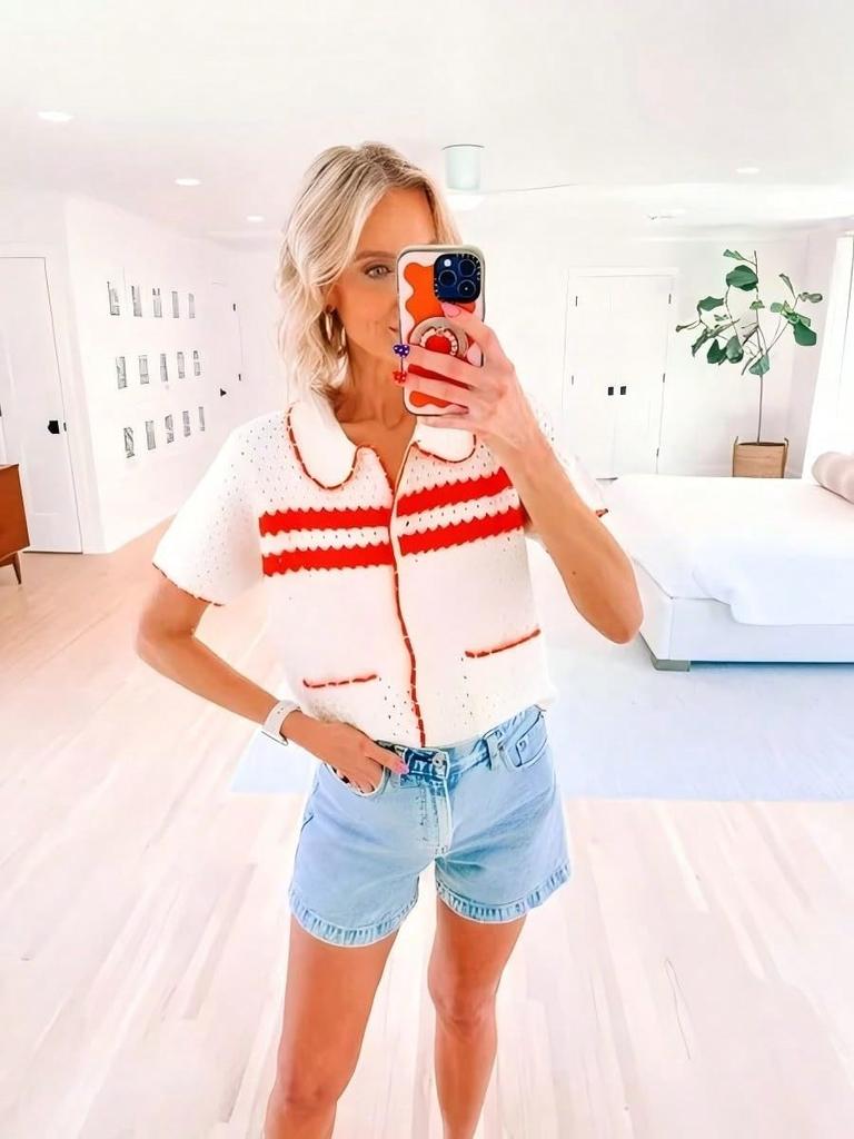 Women's Striped Crochet Knit Cardigan Short Sleeve Button Down Hollow Out Y2K Top