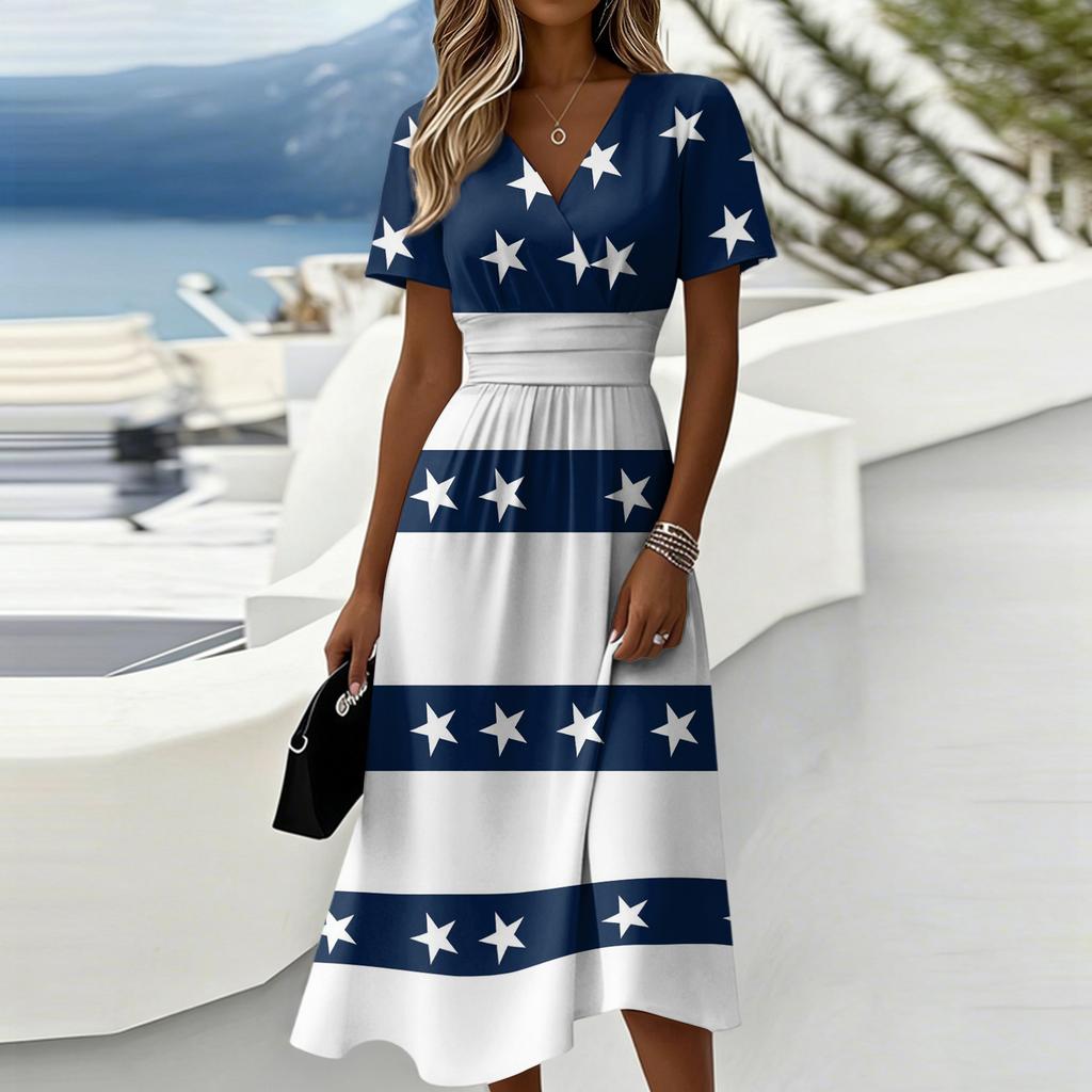 Women's Independence Day Print Casual Fashion Short Sleeve V-Neck Dress