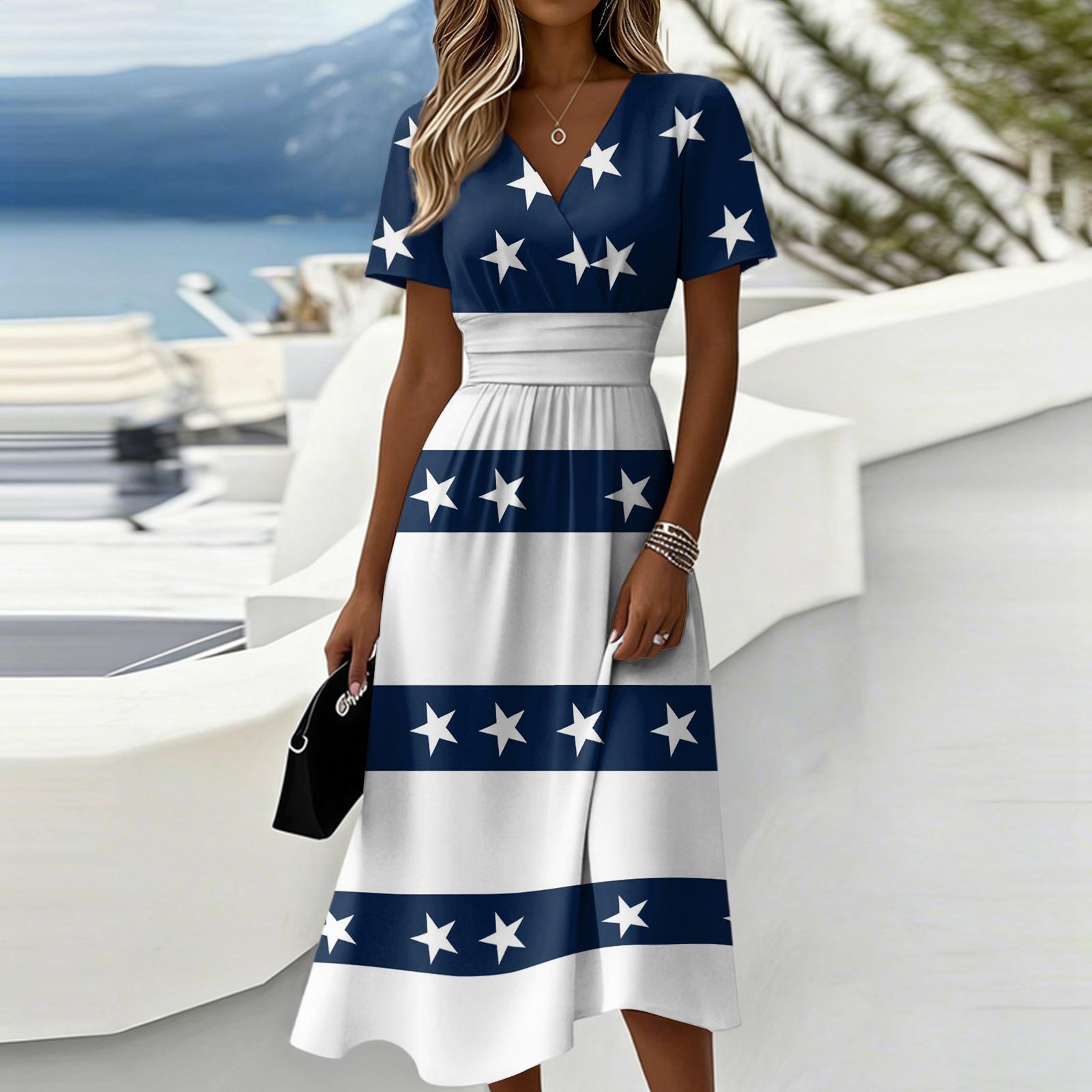 

4th of july dress independence day dress women’s floral print v neck short sleeve midi dress with elastic waist casual fit XL білий