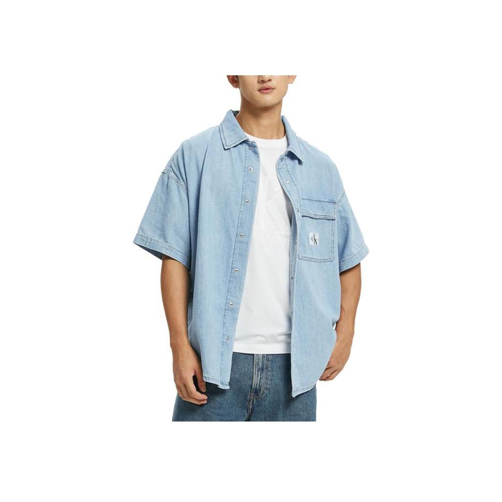 Calvin Klein Camicia da uomo a maniche corte larga con logo ricamato Top Blu Denim J320636-1AA