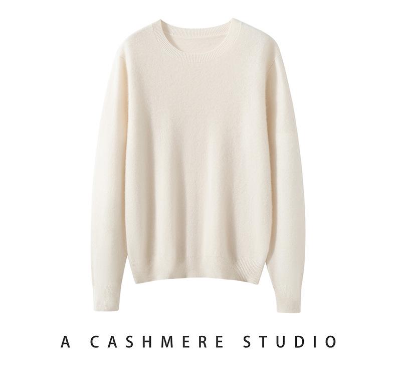 Women's 100% Cashmere Knit Round Neck Loose Sweater - Autumn/Winter Long Sleeve Base Layer Top