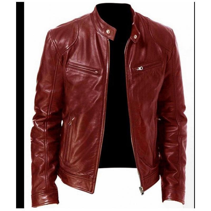 Herren Südliche Winter Multi-Pocket PU-Leder Motorradjacke mit Stehkragen und Knopf-Reißverschluss