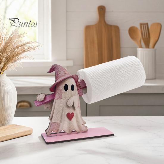 Festive Tabletop Ornament Halloween Wooden Paper Towel Holder, Cute Patchwork Ghost Napkin Stand, Party Supplies Rustic Roll Dispenser for Kitchen