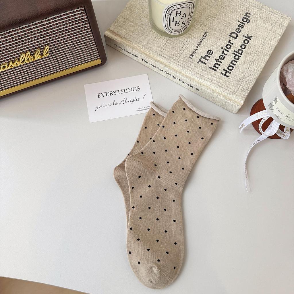 Women's Rolled Edge Polka Dot Mid-Calf Cotton Socks - Pairs Well with Birkenstock Shoes, Loose Fit, Slouchy, Casual Style