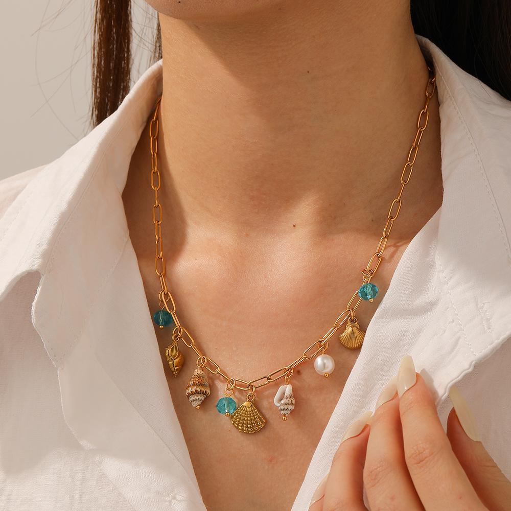 316L Stainless Steel Blue Crystal Shell Conch Pearl Pendant Necklace Women Fresh Ocean Style Neck Chain Jewelry Gifts