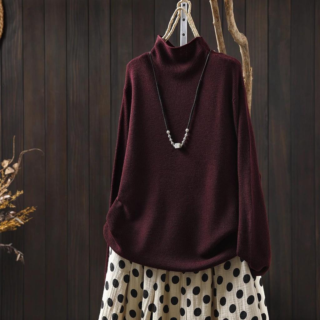 Women's Retro Color Block Striped Knit Sweater, Autumn 2025: Half High Neck, Long Sleeve Wool Pullover