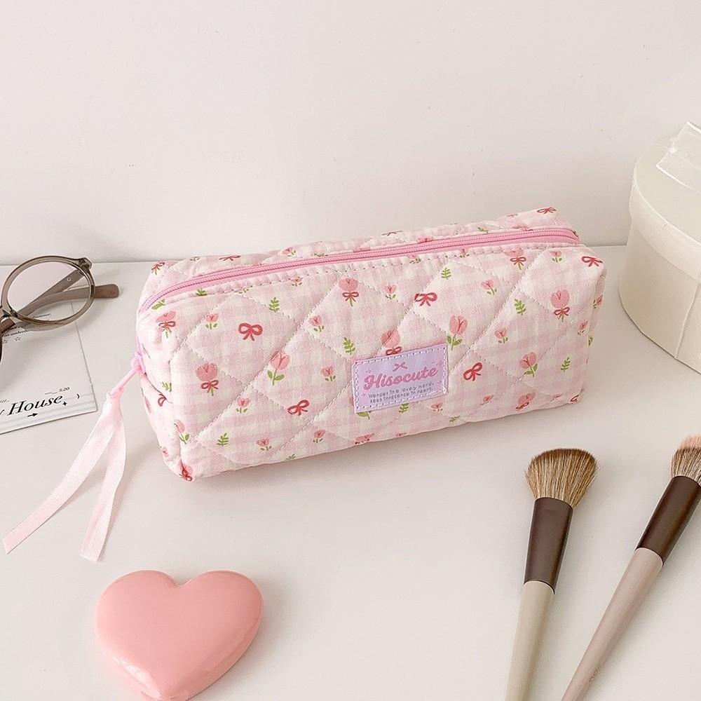 Bow Quilted Pencil Pouch Y2k Flower Pencil Case Desktop Storage Cloth Stationery Bag Student