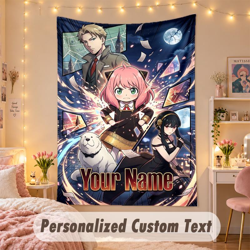 Custom Personalized Tapestry,Spy × Family Print Custom Name Text Wall Art Hanging for Bedroom