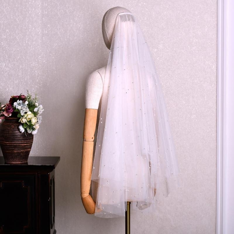 Luxurious Double Layer Bridal Veils Airy Sheer Hair Accessory For Wedding Pearls Adorned Headpiece Classical Design