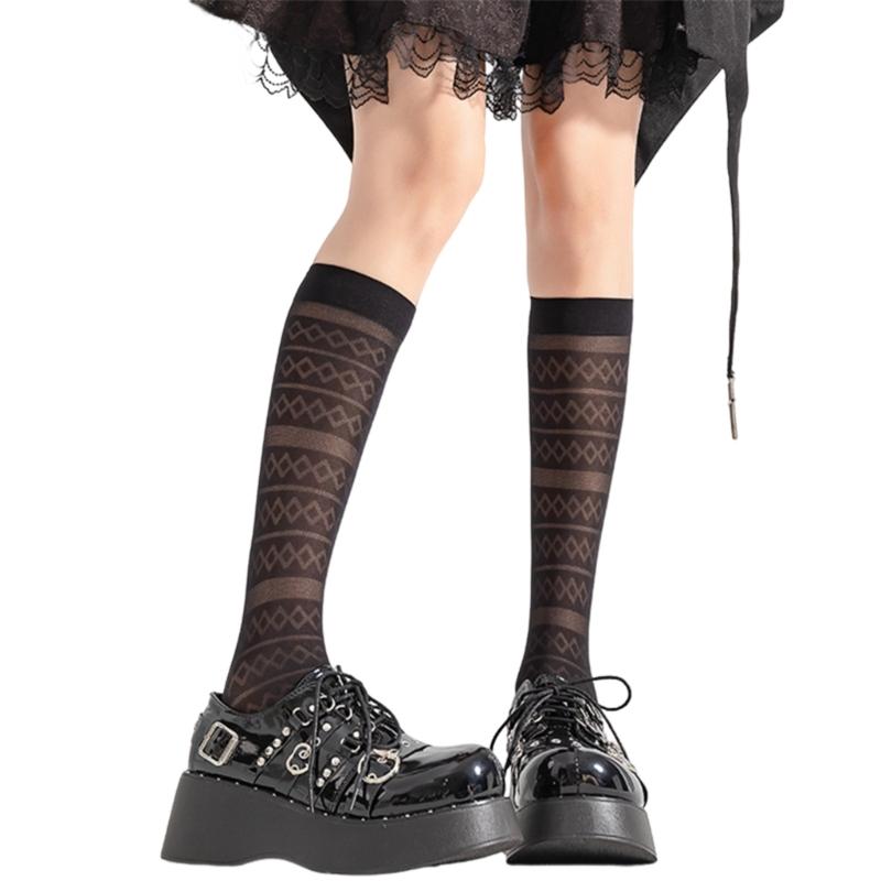 

Women Elegant Thin Sheer Solid Color Silk Over Calf Socks Japanese Style Geometric Striped Pattern Knee Length Stockings чорний