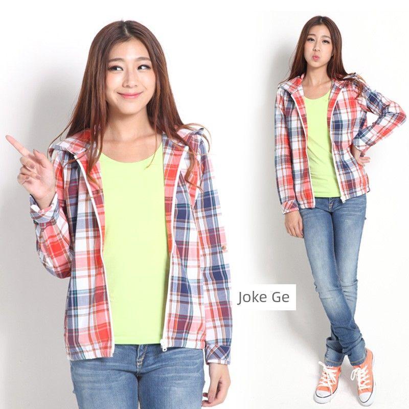 

Spring, Autumn and Summer Women Korean Style Loose Cotton Long sleeve Shirt Hood Plaid Shirts Thin Sunscreen Outerwear Zip-up Top Joke Ge M/160(More choices around 50.00kg)