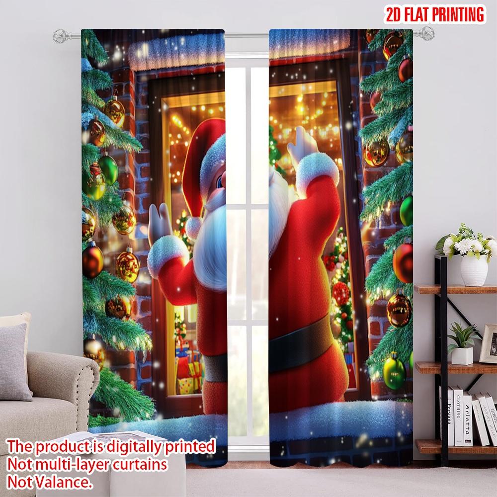 

Set Of 2 Flat Printing Merry Christmas Window Drapes Father Polyester Without Electricity Holiday Decorations Curtain Made W100*H70(CM)-Rod Pocket&2PCS