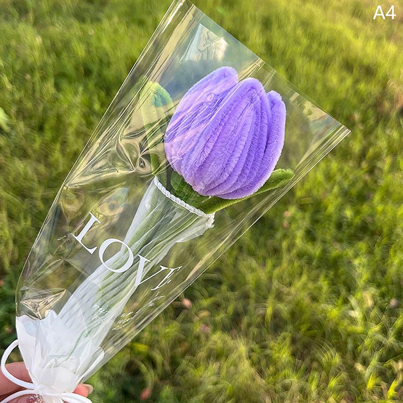 Knitting Flower Rose Tulips Single Bouquet Simulation Flower Home Decoration Wedding Hand-Knitted Crochet Fake Floral