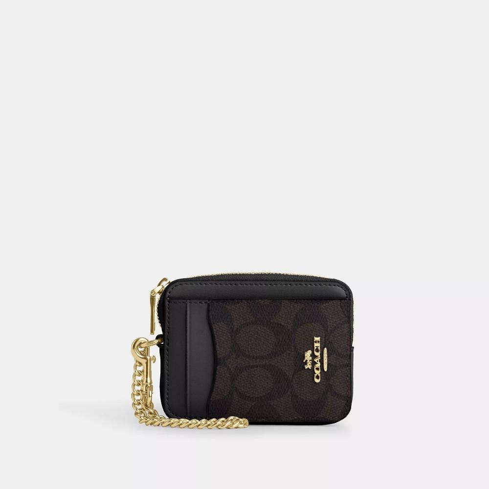 

Coach Zip Card Case In Signature Canvas Gold Walnut Black One Size