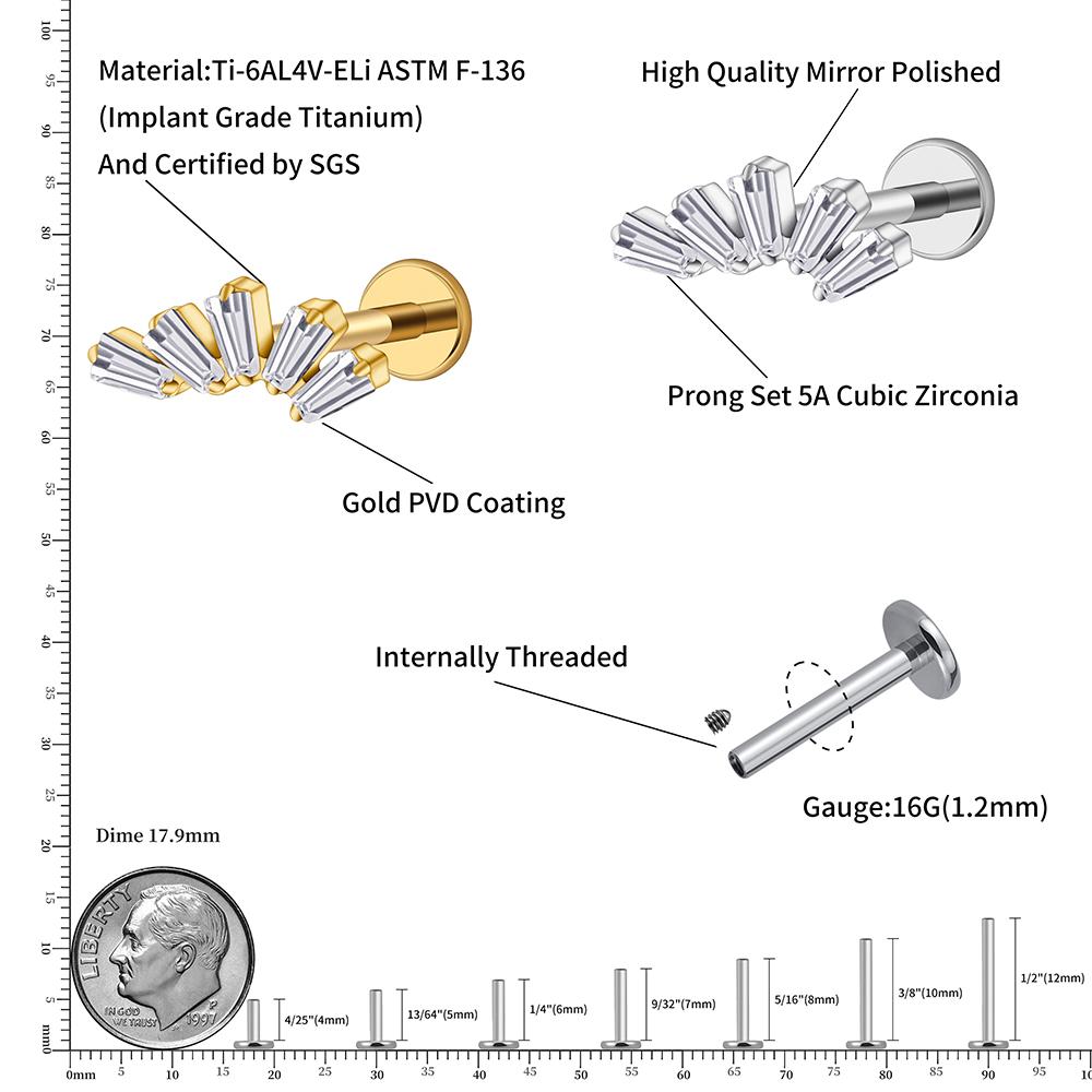 Right Grand ASTM F136 Titanium 16G Baguette CZ Cluster Labret Stud Trapezoid Tragus Monroe Helix Cartilage Earlobe Piercing