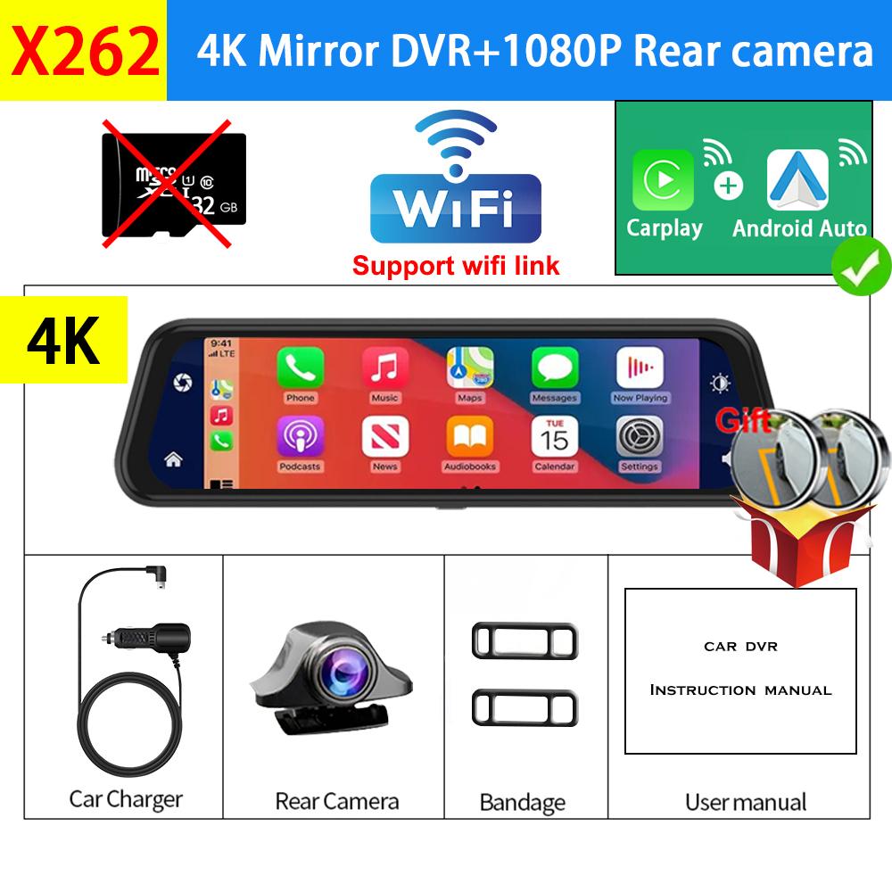 Dash Cam 4K 3840*2160P Car DVR  Carplay Android Auto WIFI BT FM AUX 10 Inch Drive Recorder Dashcam Camera Stream RearView Mirror