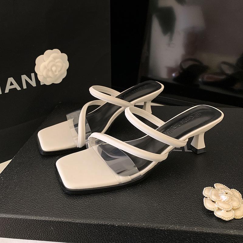 Sheepskin version~ Temperament square head open-toed thin strap French fine heel sandals women wear high-heeled one-word cool slippers in summer