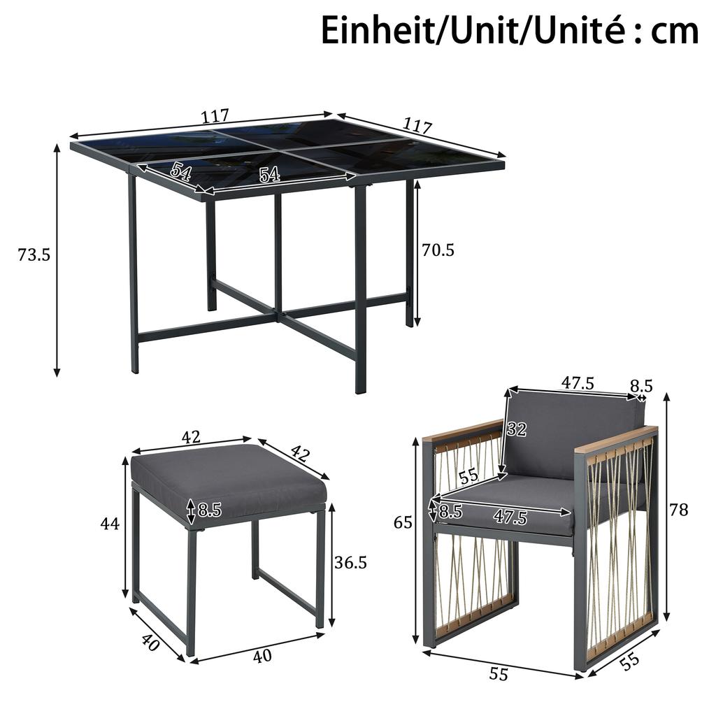 7-Piece Dining Table and Chair Set for 6 People, Table Made of Tempered Glass, Armrests of Plastic and Wood, Suitable for Backyard, Garden Patio