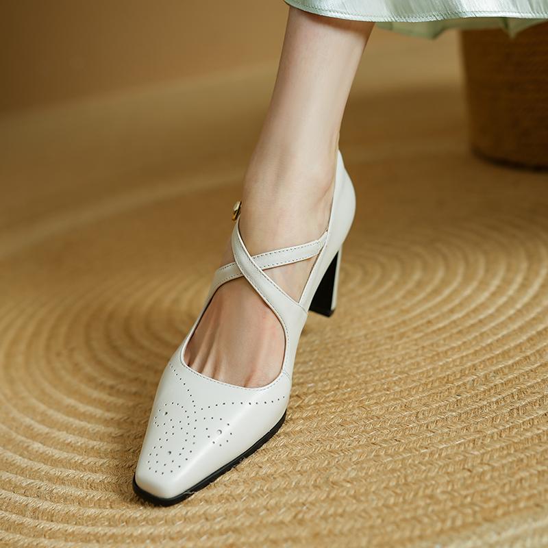 Fashion 2025 New Retro Style Women Pumps High Heels Mary Janes Shoes Woman Spring Genuine Leather Square Toe Casual Lady Party Shoes