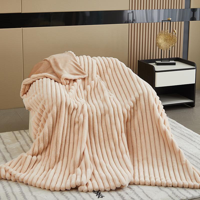 Solid Colour Three-dimensional Stripes Drawstring Rabbit Hair Cover Blanket Winter Soft Warm Double Layer Thickening Cover Blanket