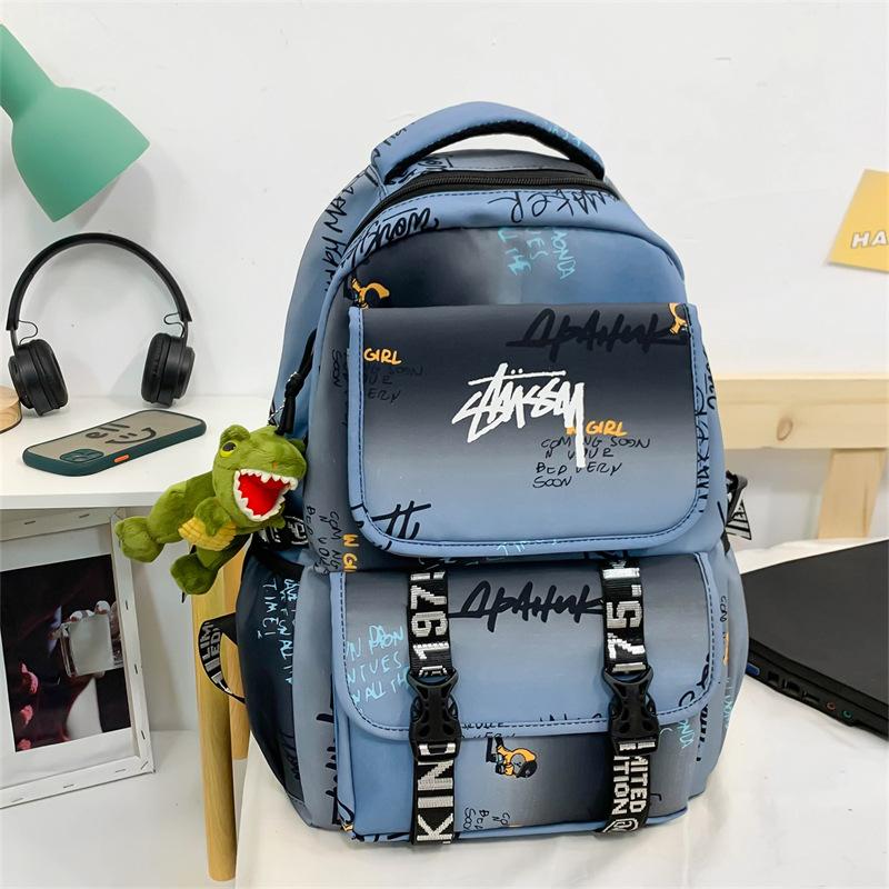Trendy backpack new personality graffiti large capacity schoolbag trendy cool college student travel couple backpack синий