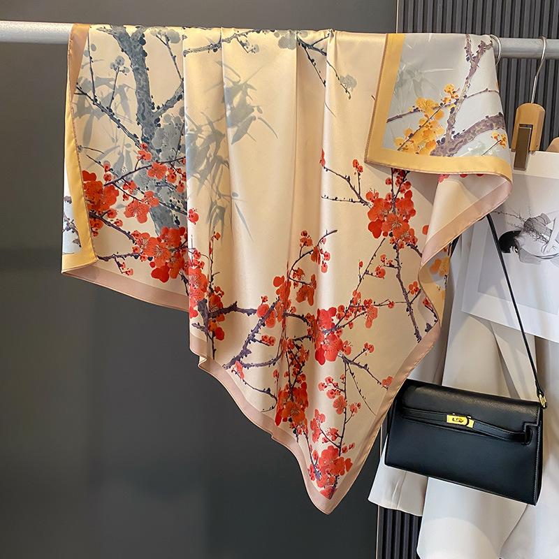 90×90Cm Retro Double-Sided Printed Scarf Neck Scarf High-End Fashion Age-Reducing Silk Scarf Fashionable Scarf With Shawl