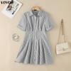 VONDA Robe Chemise Mini Rayée Décontractée à Manches Courtes et Col Revers d'Été pour Femme
