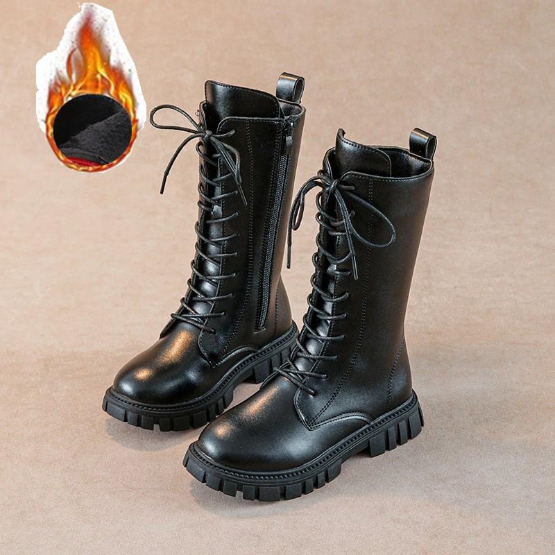 Autumn Winter Cool Baby Girls Warm Square Heel Round Toe Casual Lace-Up Comfortable Kids Black Mid Boots