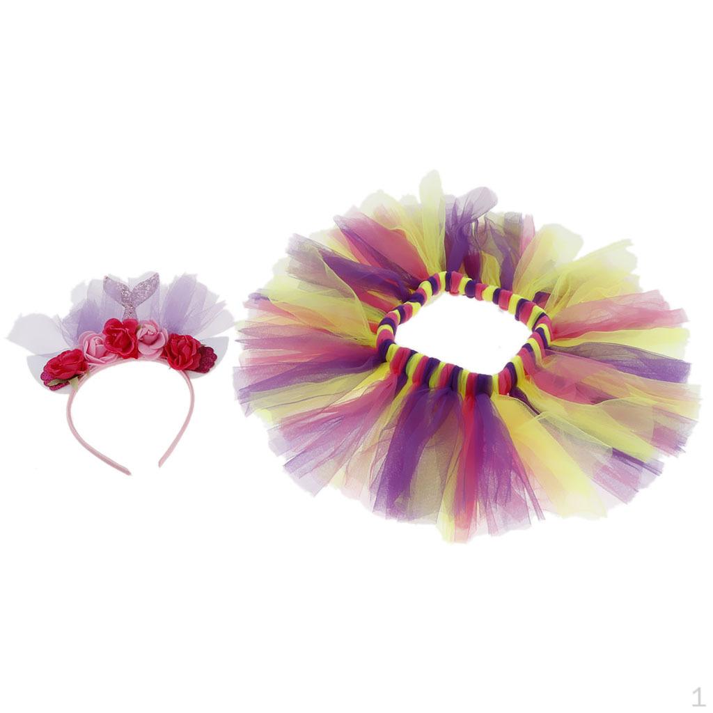 Layered Ballet Tulle Rainbow Skirt for Little Girls Dress Up with Mermaid Headband Hair Band Cosplay