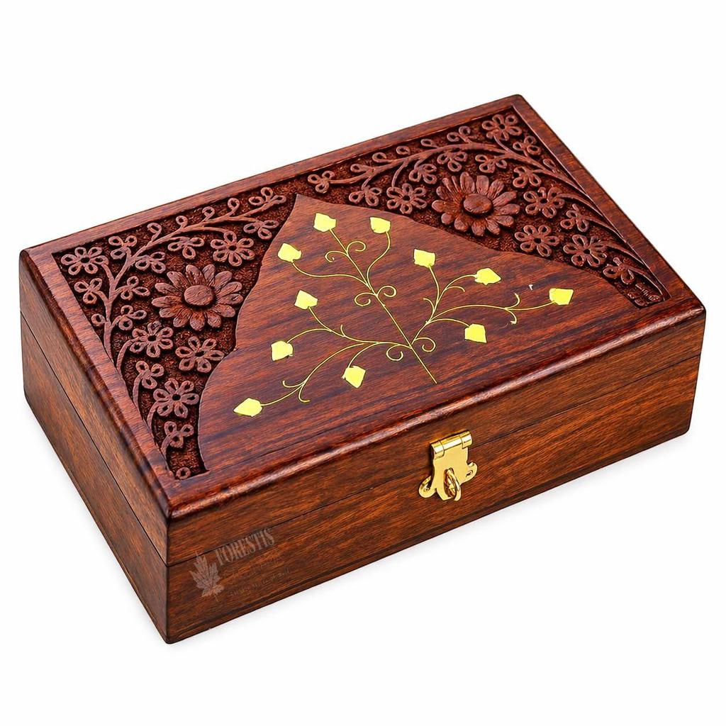Wooden Box | Jewellery Box| Decorative Case| Kit| Vanity| Organiser For Women, Necklaces, cash, gold (8X5 Inches, Crown Natural)