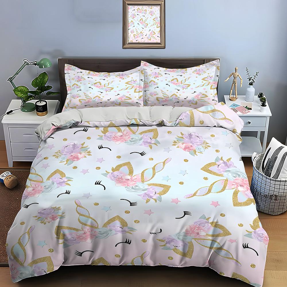 3PC Pink Unicorn Print Bedding Set Duvet Cover 1 Duvet Cover 2 Pillowcases Adult and Children Bedding Set Luxury To Girls Gifts