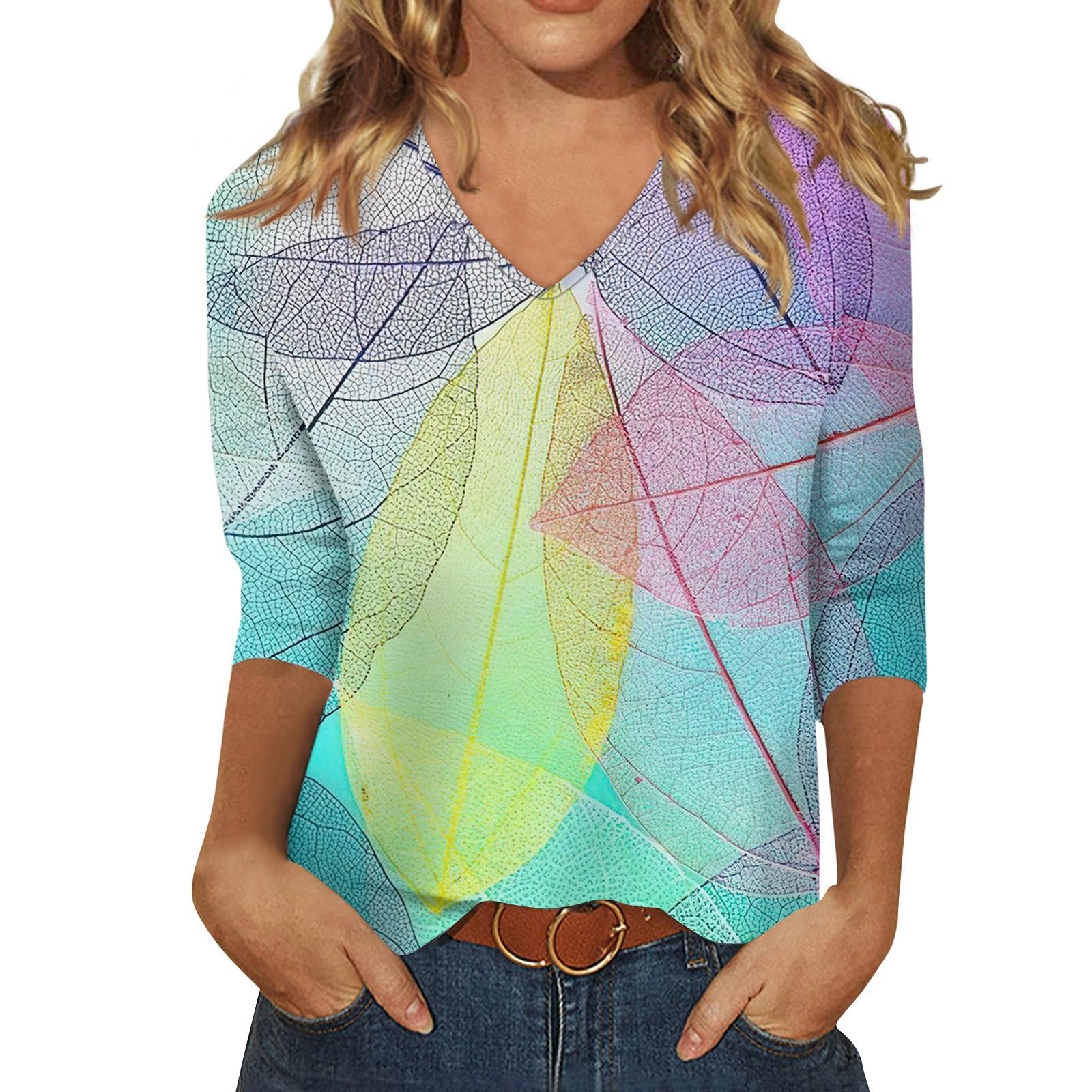 

Женские топы, рубашка с рукавом три четверти, свободная повседневная рубашка с v-образным вырезом и цветочным принтом, летняя футболка S