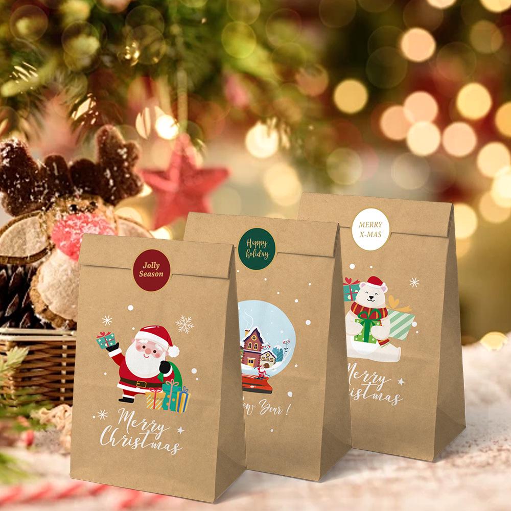 Kraft Paper Christmas Gift Bags with Merry Christmas Stickers - Perfect for Wrapping and Baking Candy Gifts