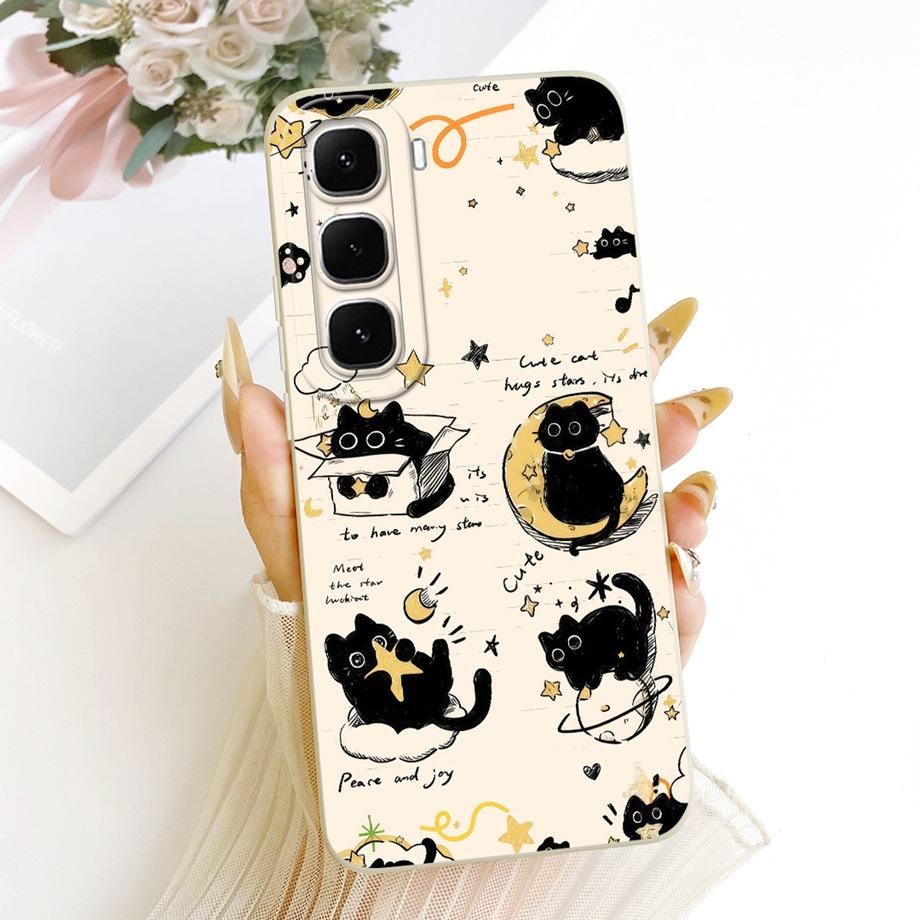 Phone Case For Infinix Hot 60 Pro 60i Black Cat Cartoon Dragon Animals Pattern Bumper For Hot 60 Pro+ Soft Liquid Silicone Cover