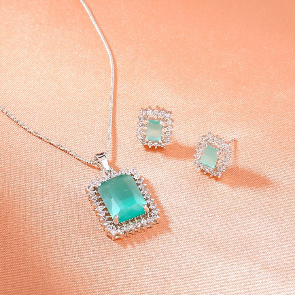 Estele Designer Square Pendant Set with Rhodium Plated CZ and Mint Green Stones for Women