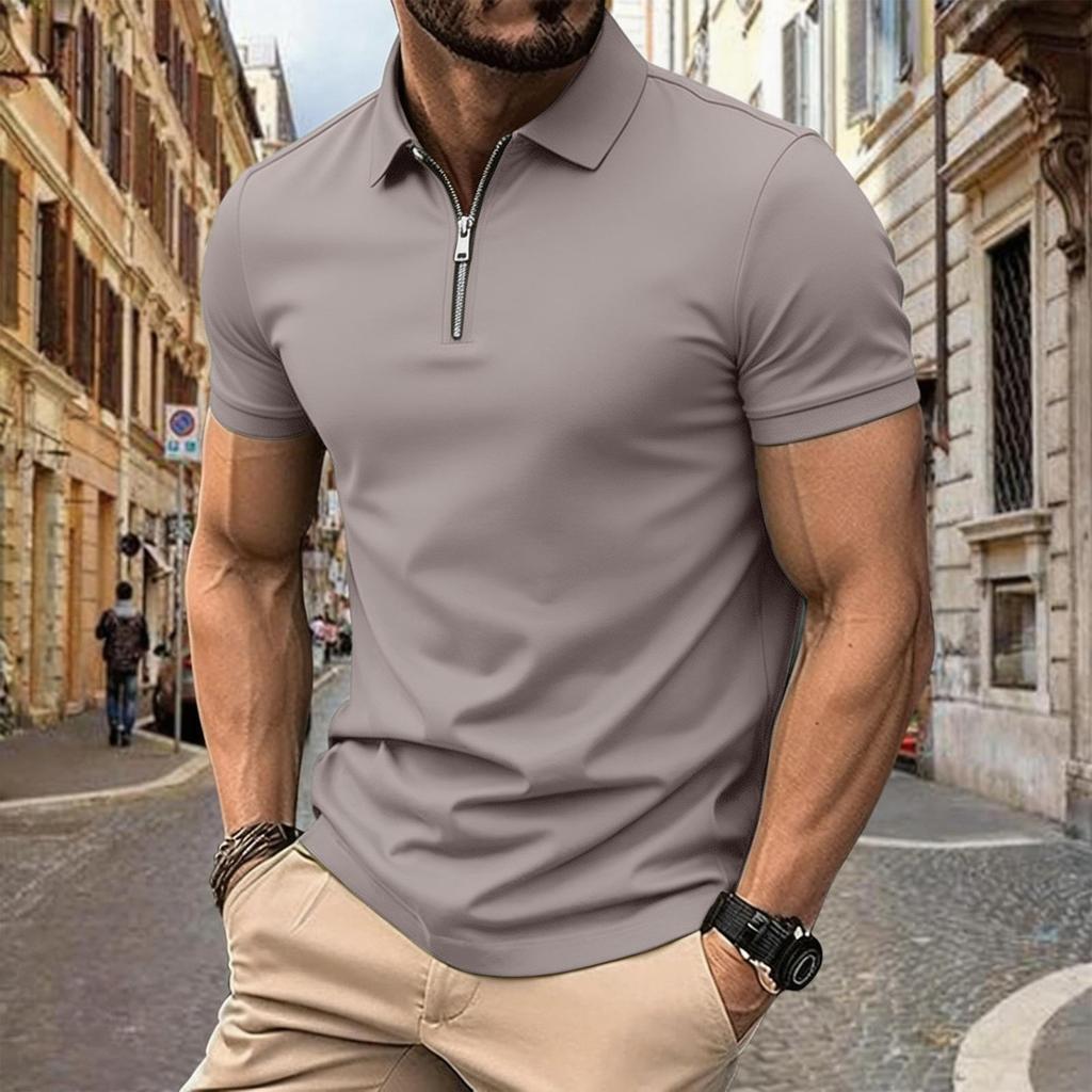 Herren Sommer Kurzarm Poloshirt mit Reißverschluss vorne Lässig Umlegekragen Leicht Atmungsaktives Oberteil