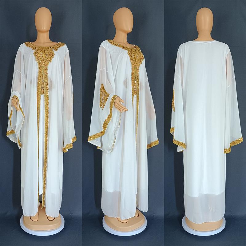 Embroidered Flared Sleeve Jalabiya with Gold Lace