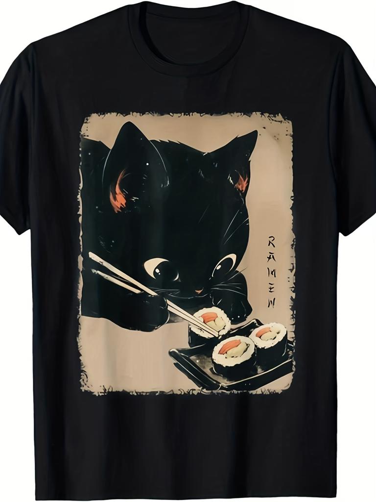 Unisex T-shirt Kawaii Anime Cat Eating Sushi T-Shirt - Japanese Sushi Roll Design Lightweight Breathable Retro Roun