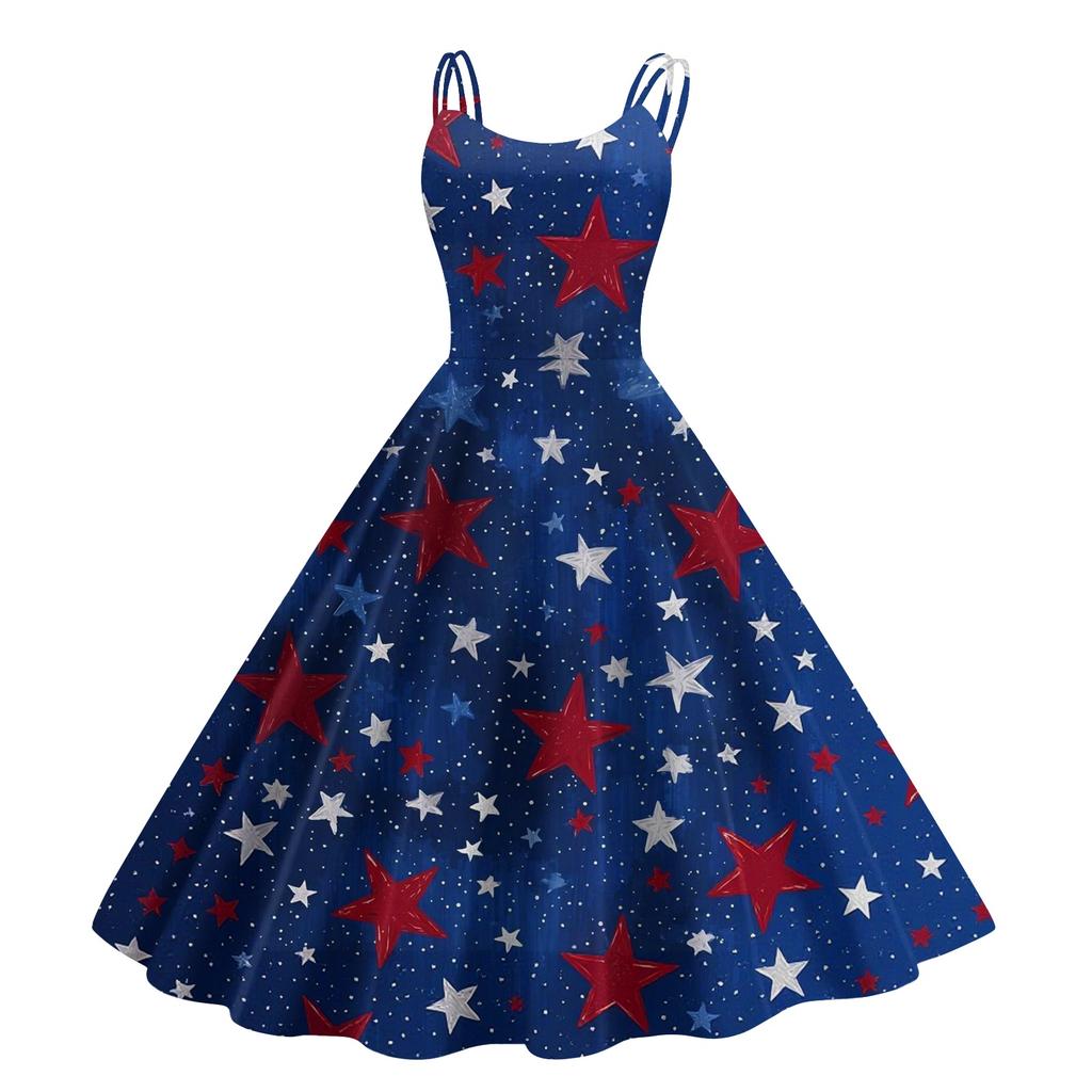 Women’s Sleeveless Vintage Floral Print Off Shoulder Dress with Flag Pattern for Summer Casual Wear