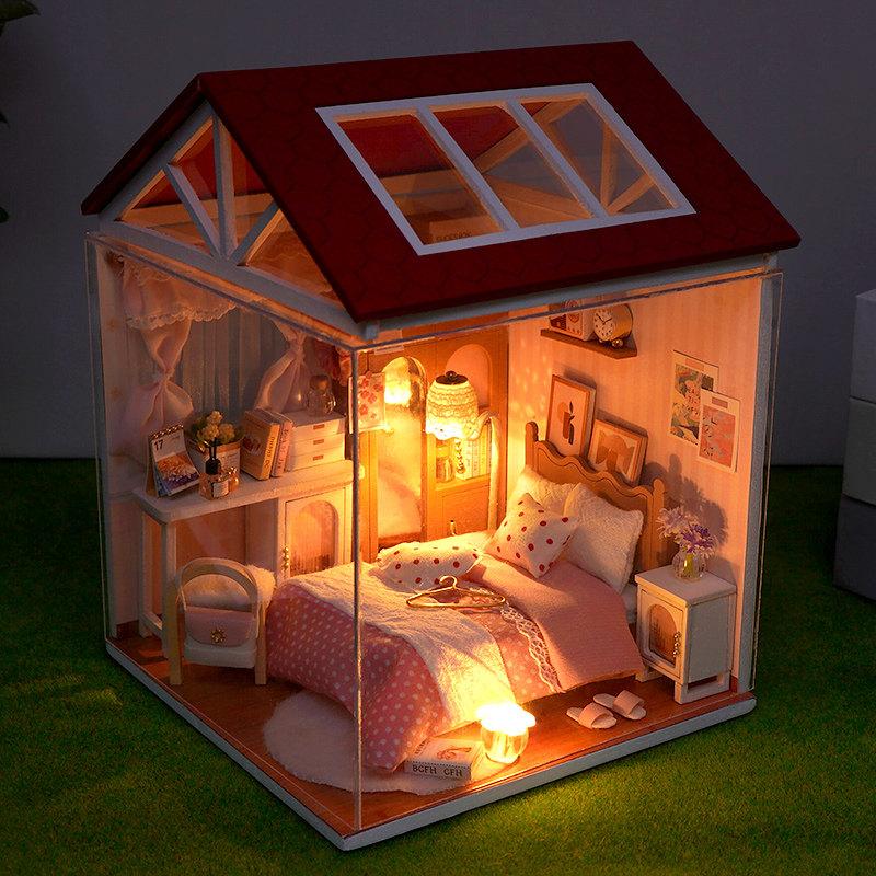 DIY Wooden Miniature Model Kit Convenience Stores Casa 3D Puzzle Doll Houses With Furniture Lights for Friends Birthday Gifts