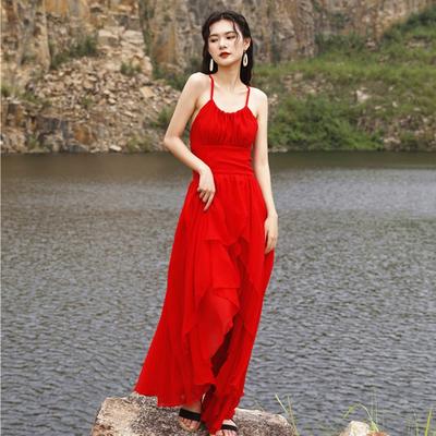 Photo Clothes Beach Skirt Fairy Seaside Vacation Dress Big Swing Elegant Suspender Backless Dress