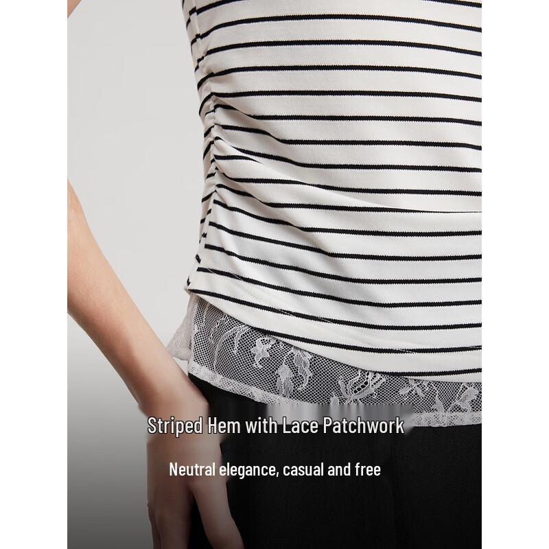 ELLE Striped Lace Patchwork Short Sleeve T-Shirt