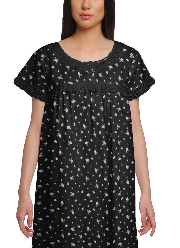 Moomaya Printed Short Sleeve Knee Length Nightdress Round Neck Sleepwear