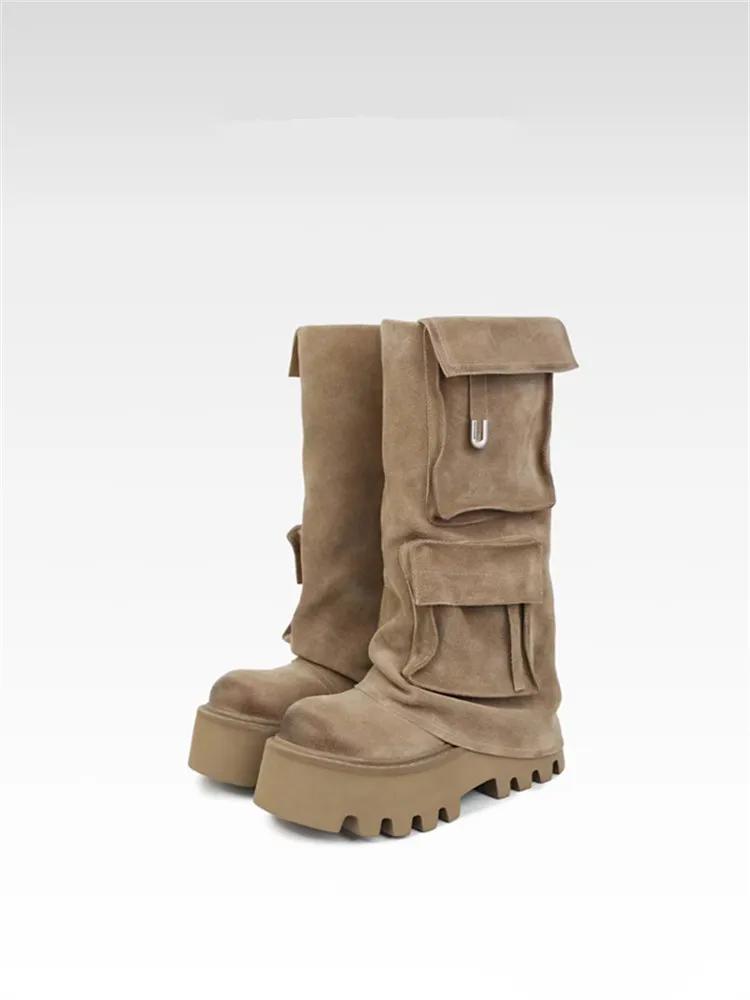 

Модные женские зимние ботинки Коричневые ботинки толстая подошва увеличивающие рост ретро карманные ботинки-брюки женская трендовая обувь женщины 35 бежевый