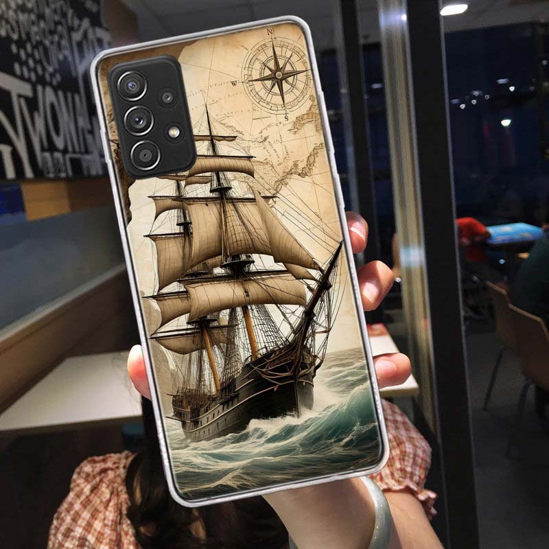 Compass Map Voyage Phone Case for Samsung A54 A57 A37 A17 A14 A15 A12 A24 A34 A55 A35 A25 A52S A07 A05S A04S A22 A32 A72 Galaxy