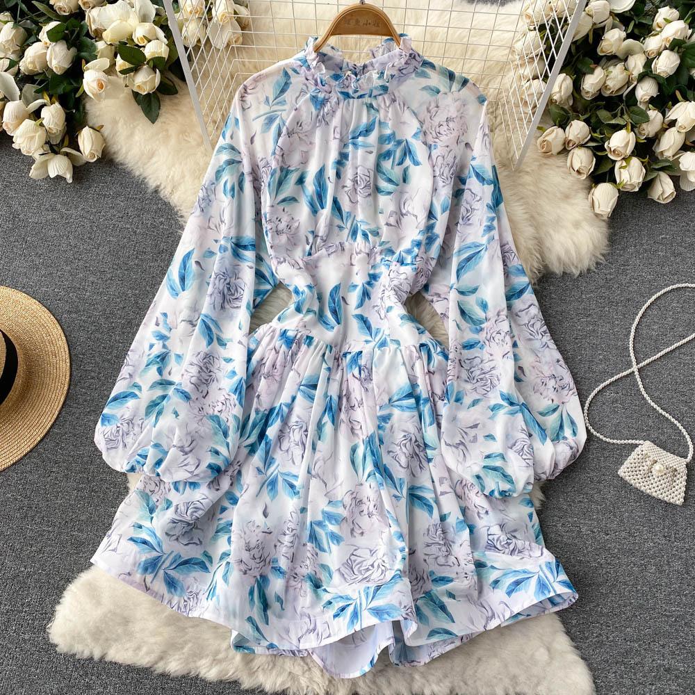Women's Spring Summer Bohemian Beach Dress Backless Puff Sleeve Flower Print Party Midi Dresses