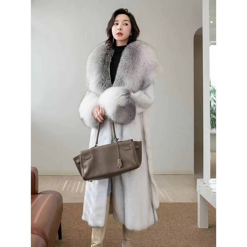 Norkový kabát Nový Kožešinový Kabát Celebrity Liščí Kožešina Límec Dlouhý Imitace Kůže Norkový Kabát